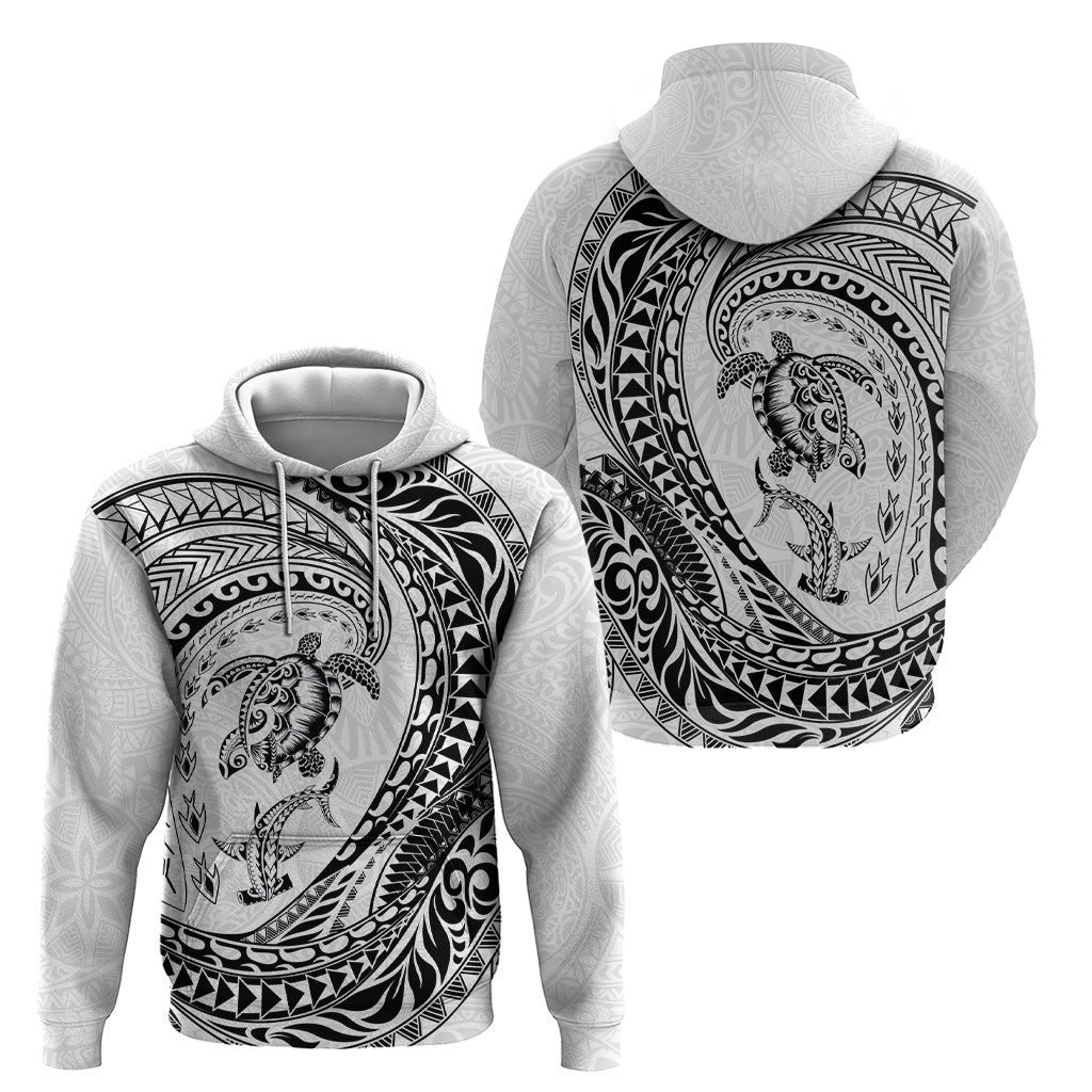 Hawaiian Turtle and Shark Hoodie Kakau Tribal with Polynesian Pattern White Color