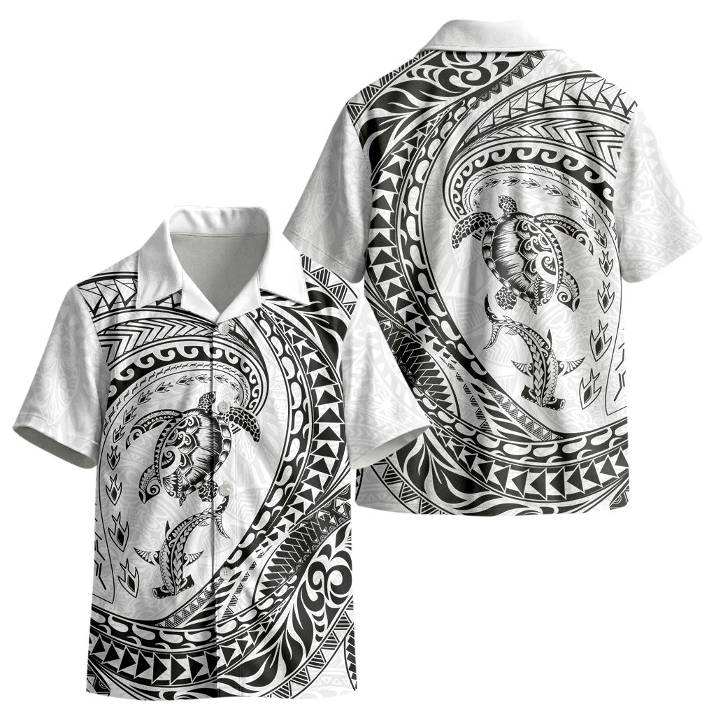 Hawaiian Turtle and Shark Kid Hawaiian Shirt Kakau Tribal with Polynesian Pattern White Color