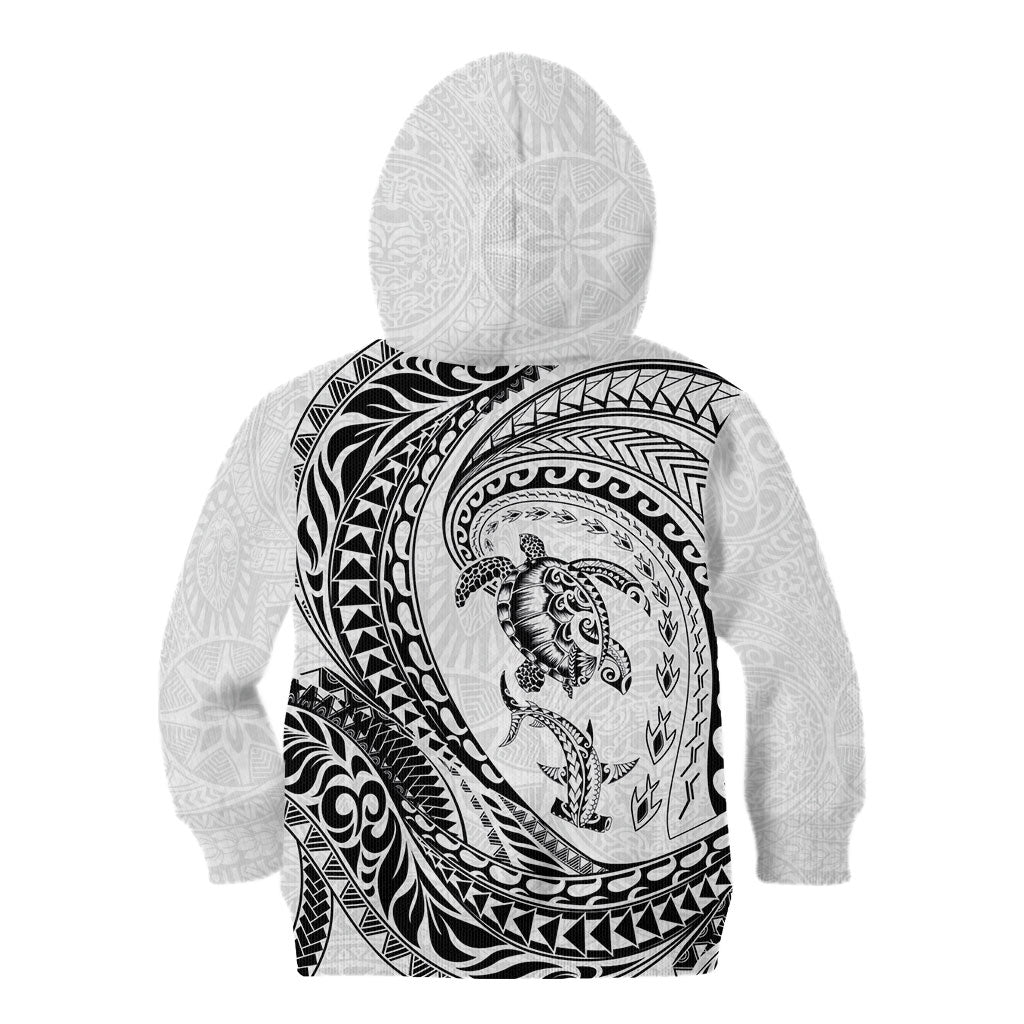 Hawaiian Turtle and Shark Kid Hoodie Kakau Tribal with Polynesian Pattern White Color