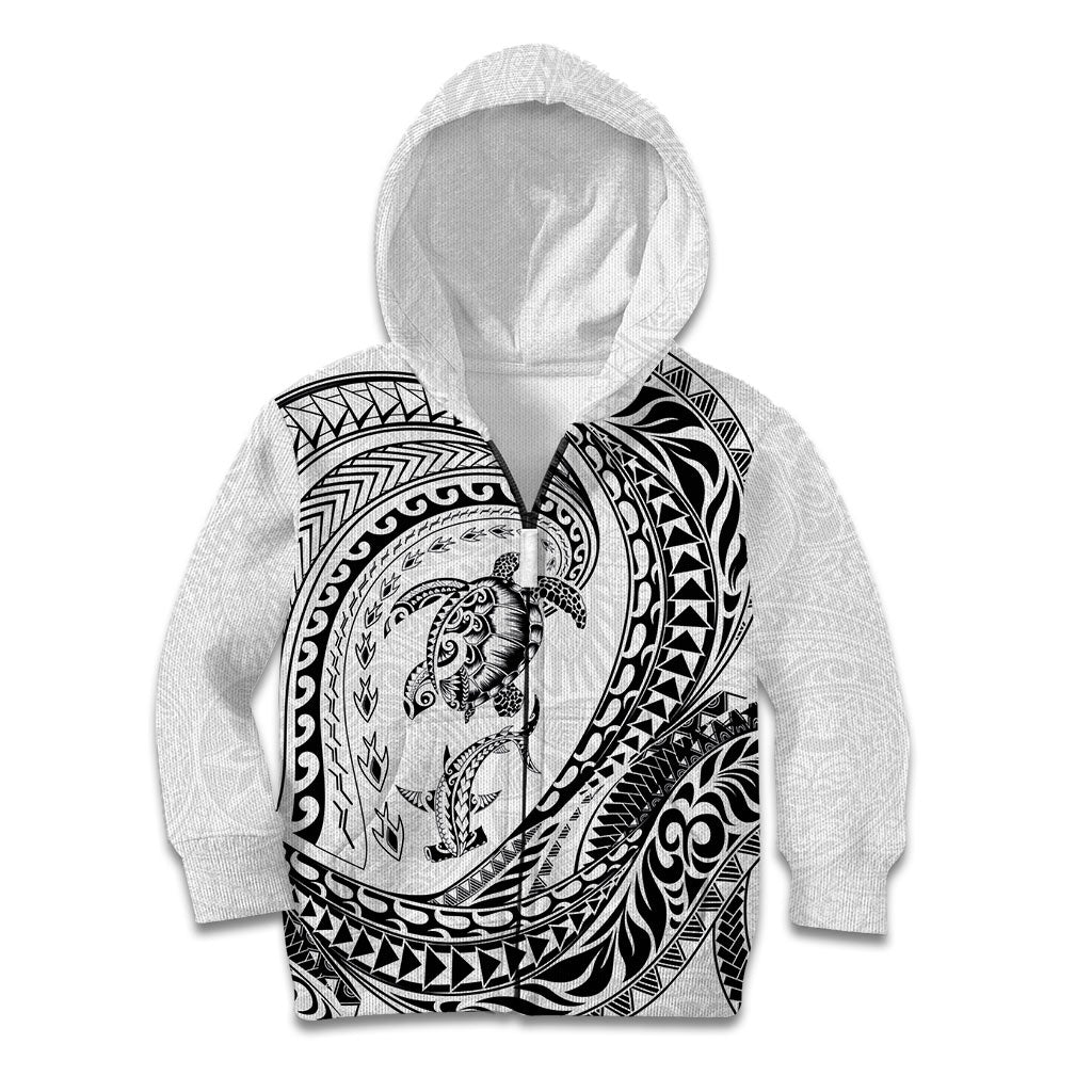 Hawaiian Turtle and Shark Kid Hoodie Kakau Tribal with Polynesian Pattern White Color