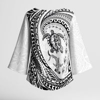 Hawaiian Turtle and Shark Kimono Sleeve Blouse Kakau Tribal with Polynesian Pattern White Color