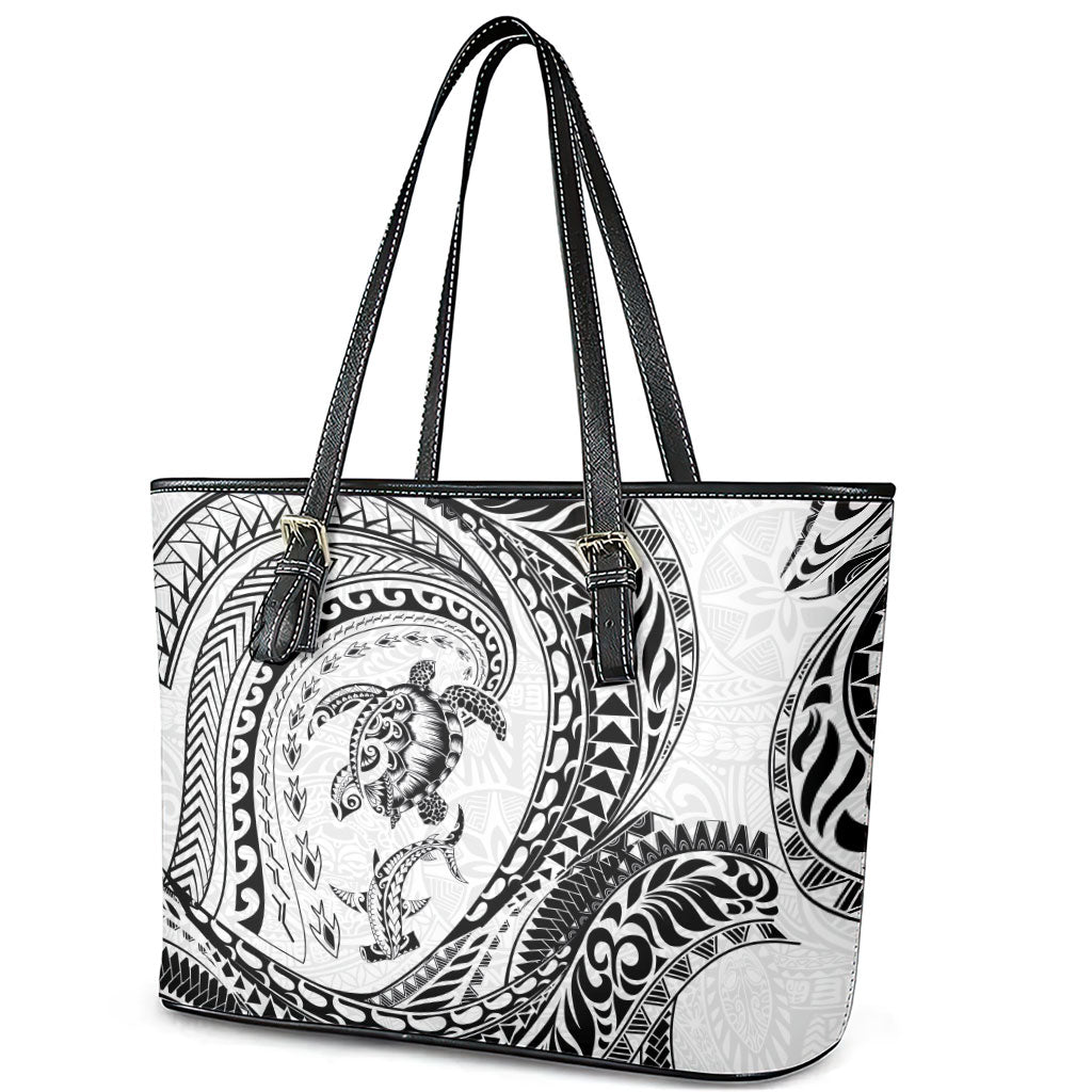 Hawaiian Turtle and Shark Leather Tote Bag Kakau Tribal with Polynesian Pattern White Color