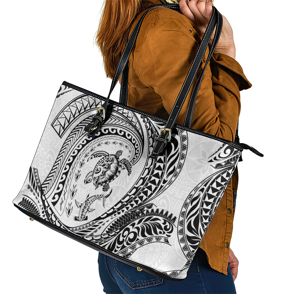 Hawaiian Turtle and Shark Leather Tote Bag Kakau Tribal with Polynesian Pattern White Color
