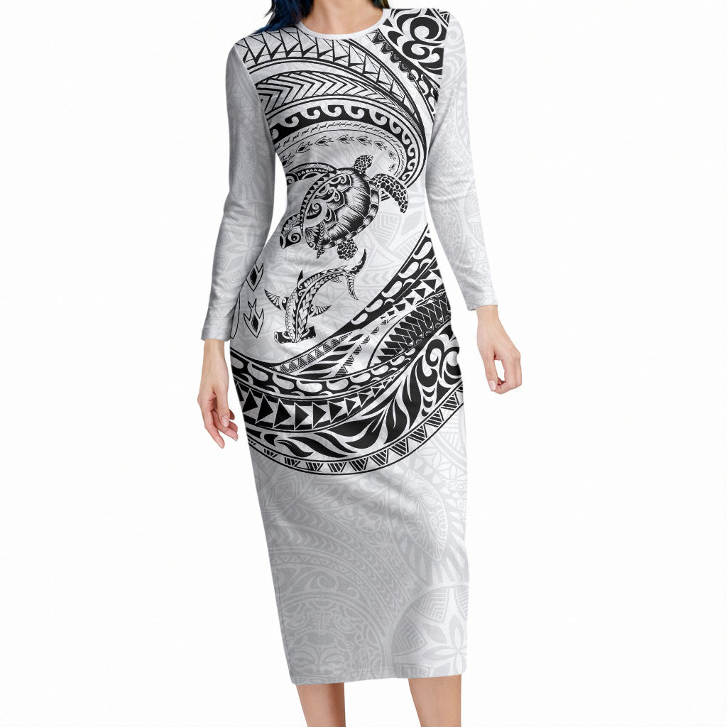 Hawaiian Turtle and Shark Long Sleeve Bodycon Dress Kakau Tribal with Polynesian Pattern White Color