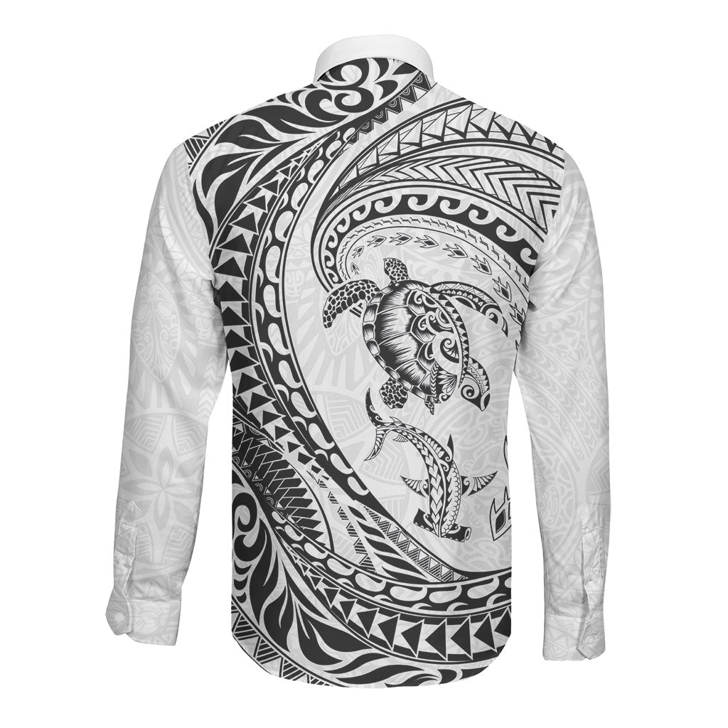 Hawaiian Turtle and Shark Long Sleeve Button Shirt Kakau Tribal with Polynesian Pattern White Color