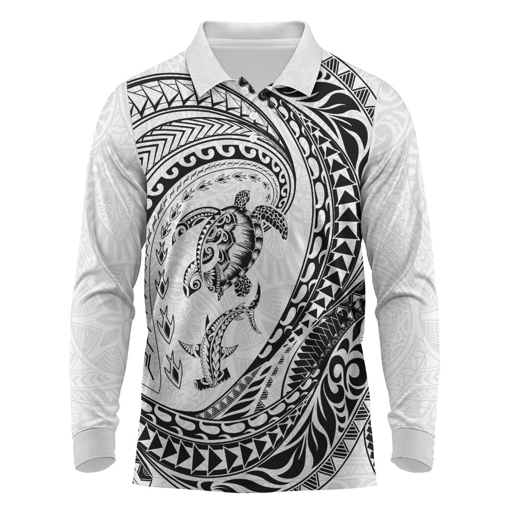 Hawaiian Turtle and Shark Long Sleeve Polo Shirt Kakau Tribal with Polynesian Pattern White Color