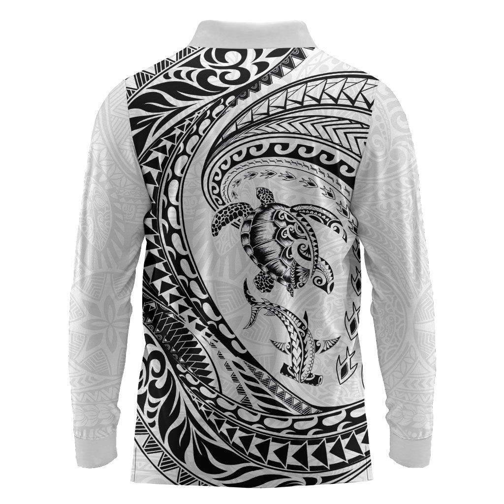 Hawaiian Turtle and Shark Long Sleeve Polo Shirt Kakau Tribal with Polynesian Pattern White Color