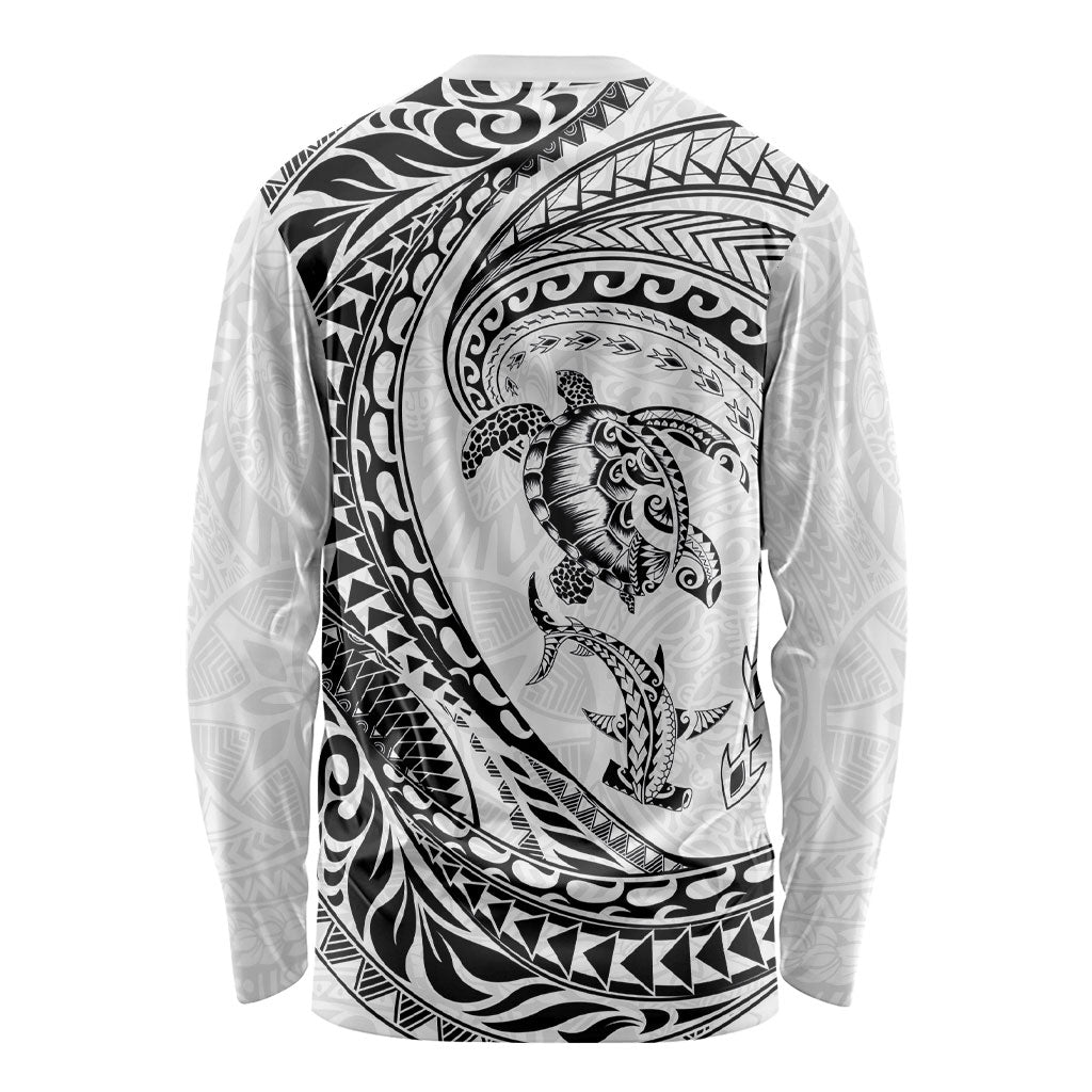 Hawaiian Turtle and Shark Long Sleeve Shirt Kakau Tribal with Polynesian Pattern White Color