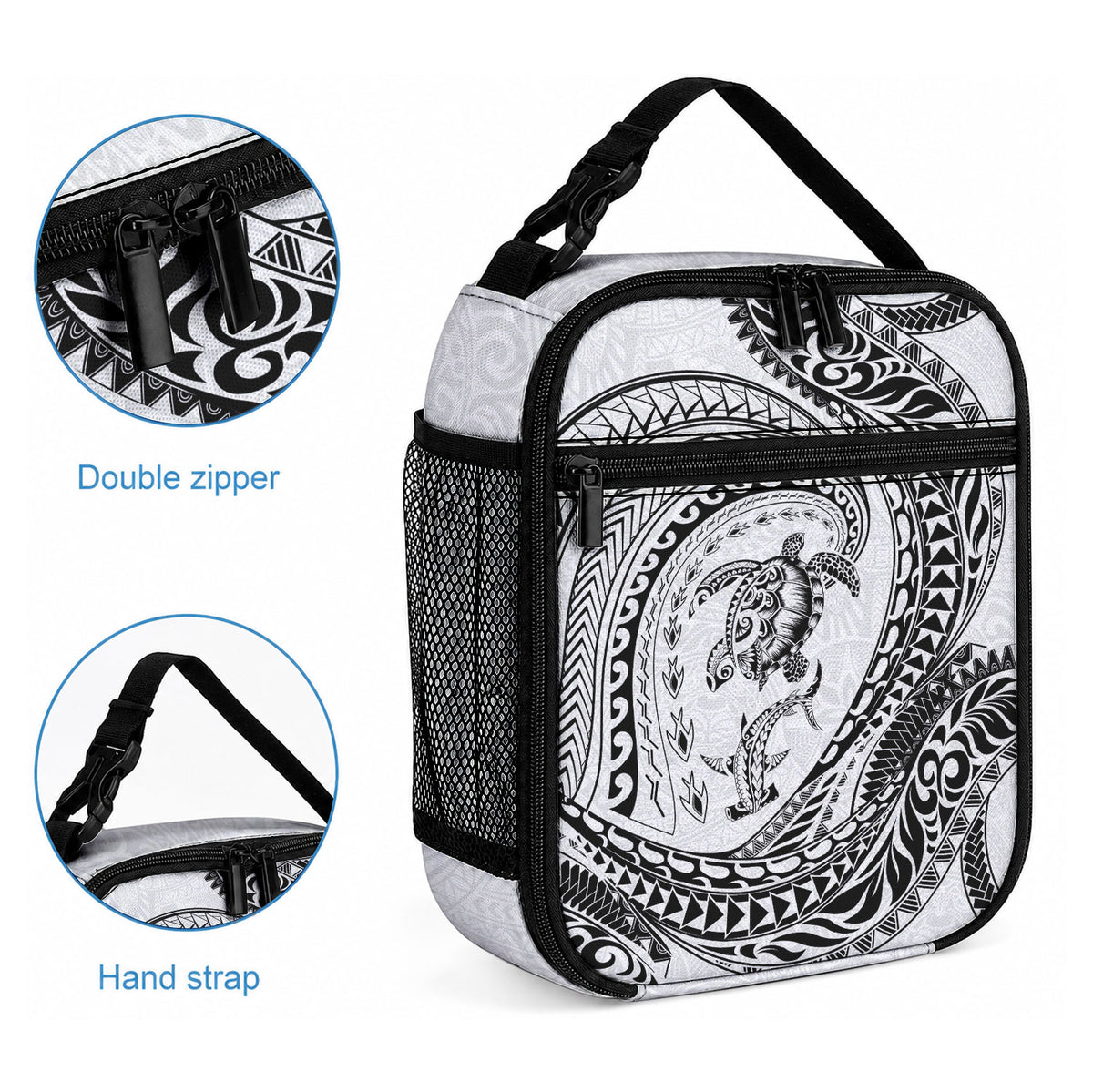 Hawaiian Turtle and Shark Lunch Bag Kakau Tribal with Polynesian Pattern White Color