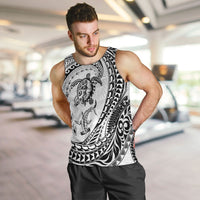 Hawaiian Turtle and Shark Men Tank Top Kakau Tribal with Polynesian Pattern White Color
