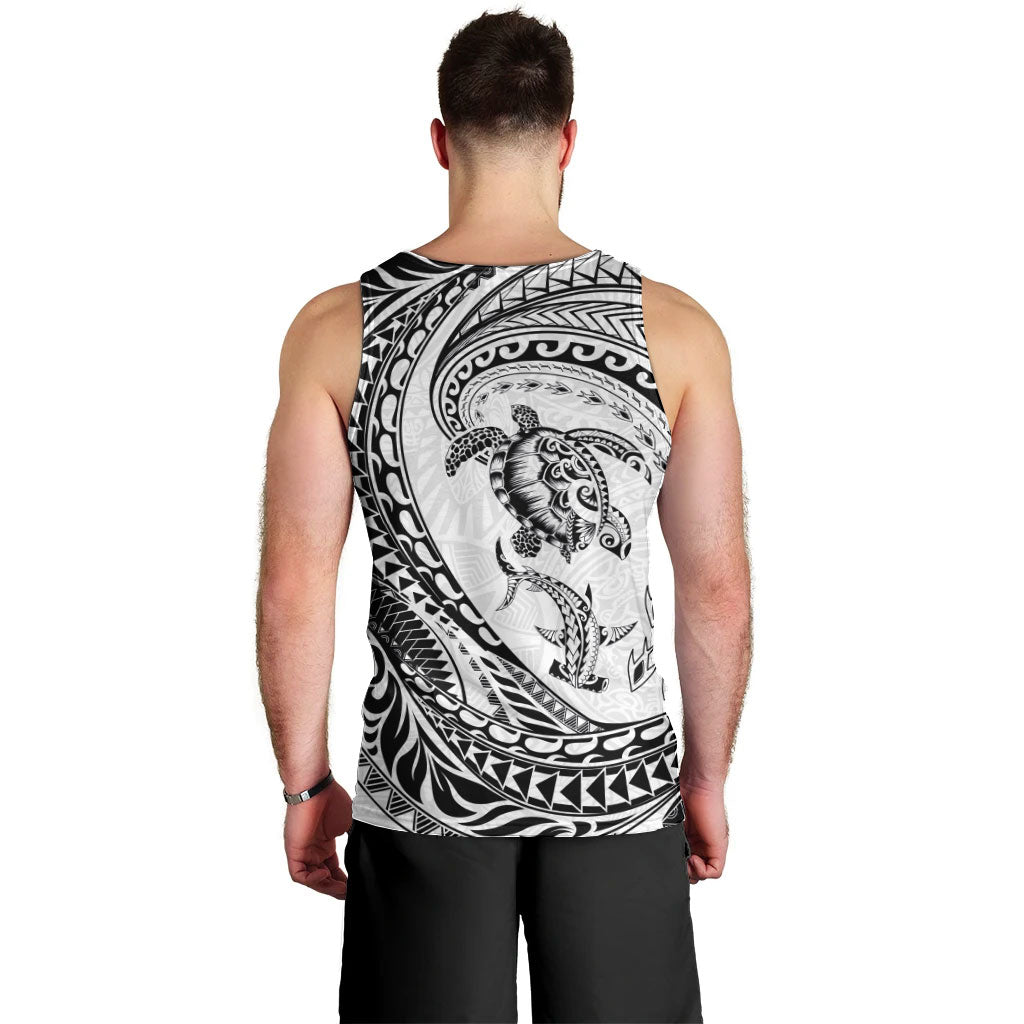 Hawaiian Turtle and Shark Men Tank Top Kakau Tribal with Polynesian Pattern White Color