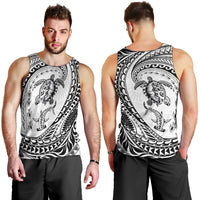 Hawaiian Turtle and Shark Men Tank Top Kakau Tribal with Polynesian Pattern White Color