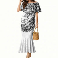 Hawaiian Turtle and Shark Mermaid Dress Kakau Tribal with Polynesian Pattern White Color