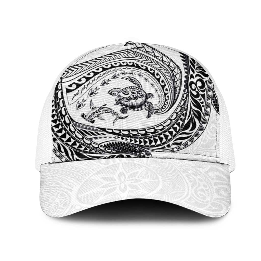Hawaiian Turtle and Shark Mesh Trucker Cap Kakau Tribal with Polynesian Pattern White Color