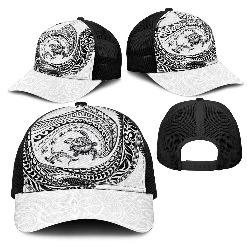Hawaiian Turtle and Shark Mesh Trucker Cap Kakau Tribal with Polynesian Pattern White Color
