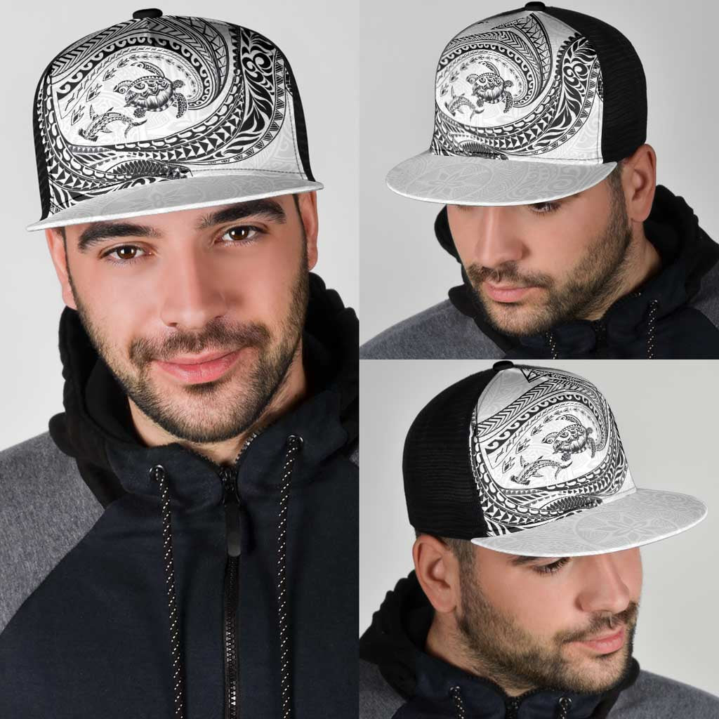 Hawaiian Turtle and Shark Mesh Trucker Cap Kakau Tribal with Polynesian Pattern White Color