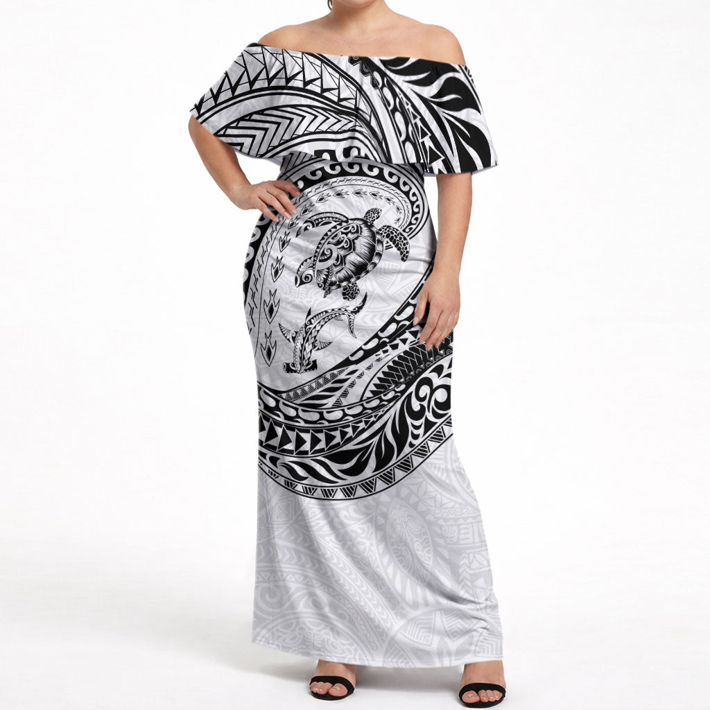 Hawaiian Turtle and Shark Off Shoulder Maxi Dress Kakau Tribal with Polynesian Pattern White Color