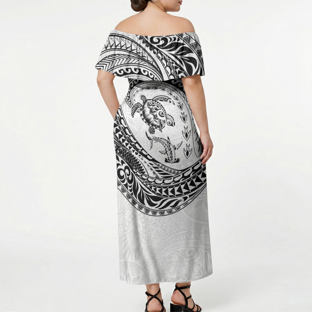 Hawaiian Turtle and Shark Off Shoulder Maxi Dress Kakau Tribal with Polynesian Pattern White Color