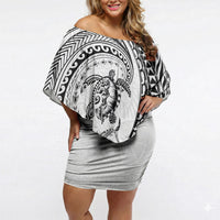 Hawaiian Turtle and Shark Off Shoulder Short Dress Kakau Tribal with Polynesian Pattern White Color