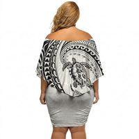 Hawaiian Turtle and Shark Off Shoulder Short Dress Kakau Tribal with Polynesian Pattern White Color