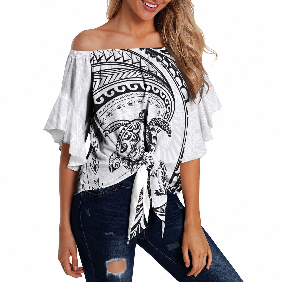 Hawaiian Turtle and Shark Off Shoulder Wrap Waist Top Kakau Tribal with Polynesian Pattern White Color