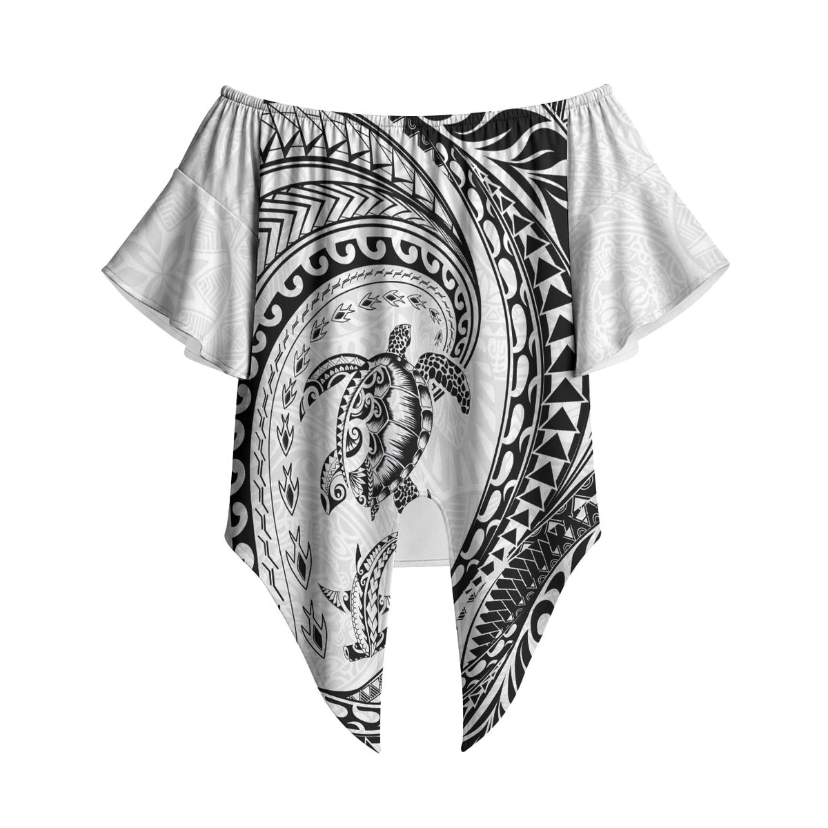 Hawaiian Turtle and Shark Off Shoulder Wrap Waist Top Kakau Tribal with Polynesian Pattern White Color