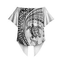 Hawaiian Turtle and Shark Off Shoulder Wrap Waist Top Kakau Tribal with Polynesian Pattern White Color