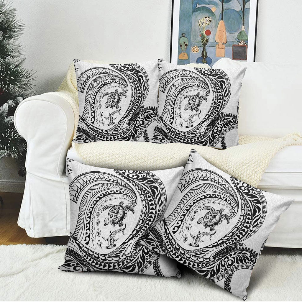Hawaiian Turtle and Shark Pillow Cover Kakau Tribal with Polynesian Pattern White Color