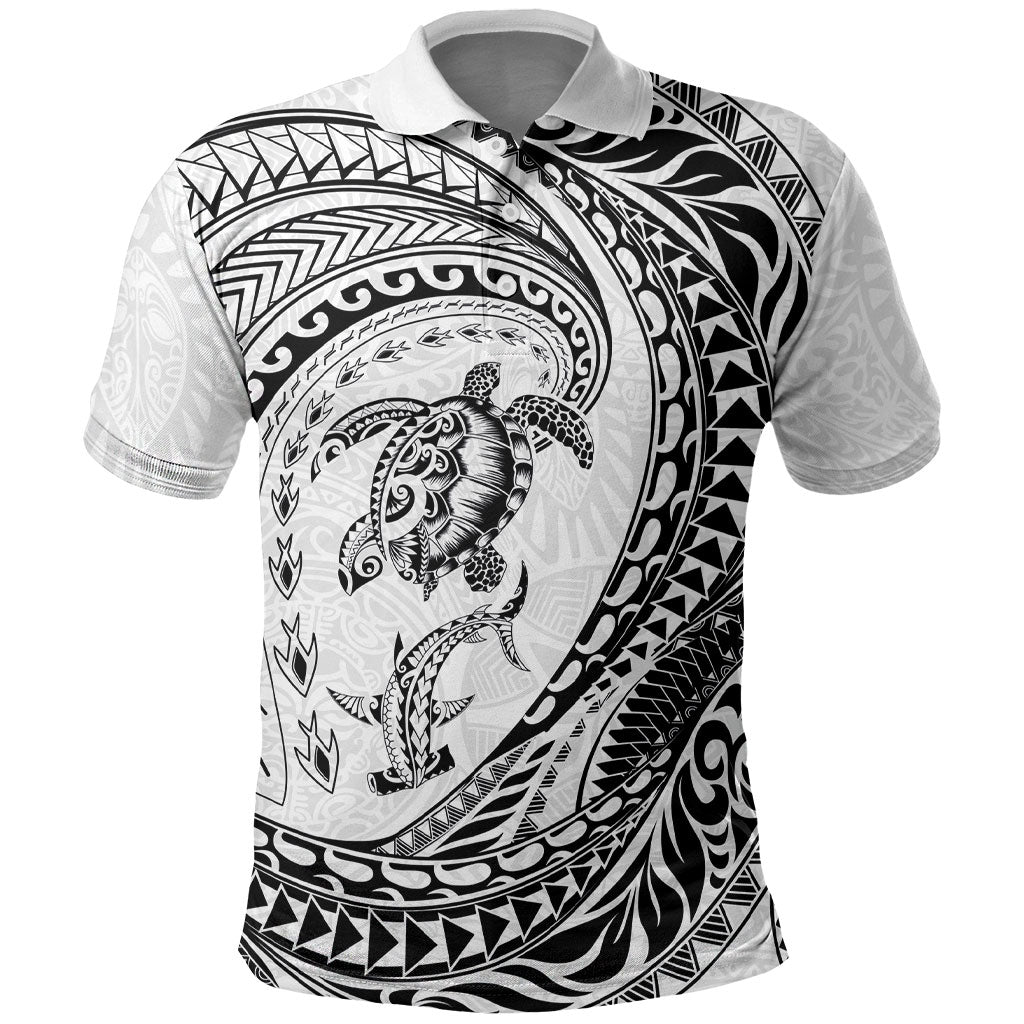 Hawaiian Turtle and Shark Polo Shirt Kakau Tribal with Polynesian Pattern White Color
