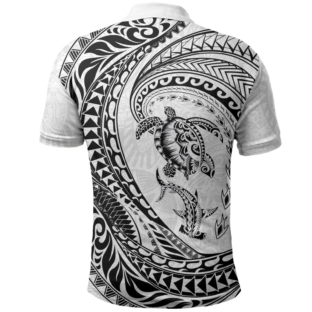 Hawaiian Turtle and Shark Polo Shirt Kakau Tribal with Polynesian Pattern White Color