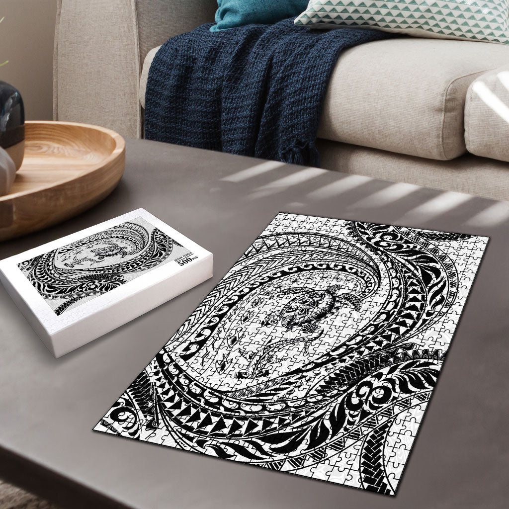 Hawaiian Turtle and Shark Puzzle Kakau Tribal with Polynesian Pattern White Color