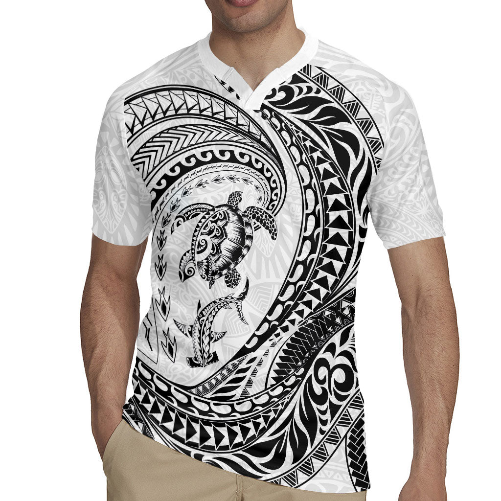 Hawaiian Turtle and Shark Rugby Jersey Kakau Tribal with Polynesian Pattern White Color