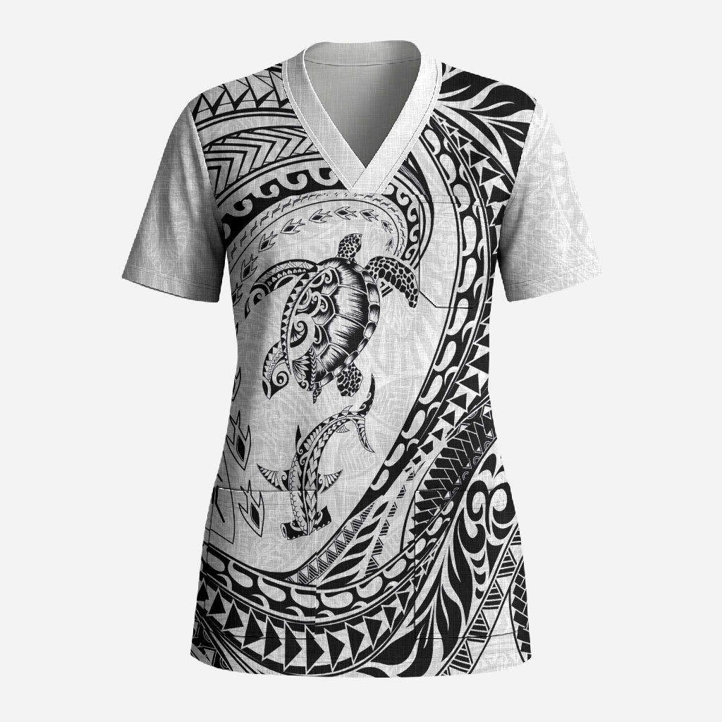 Hawaiian Turtle and Shark Scrub Top Kakau Tribal with Polynesian Pattern White Color