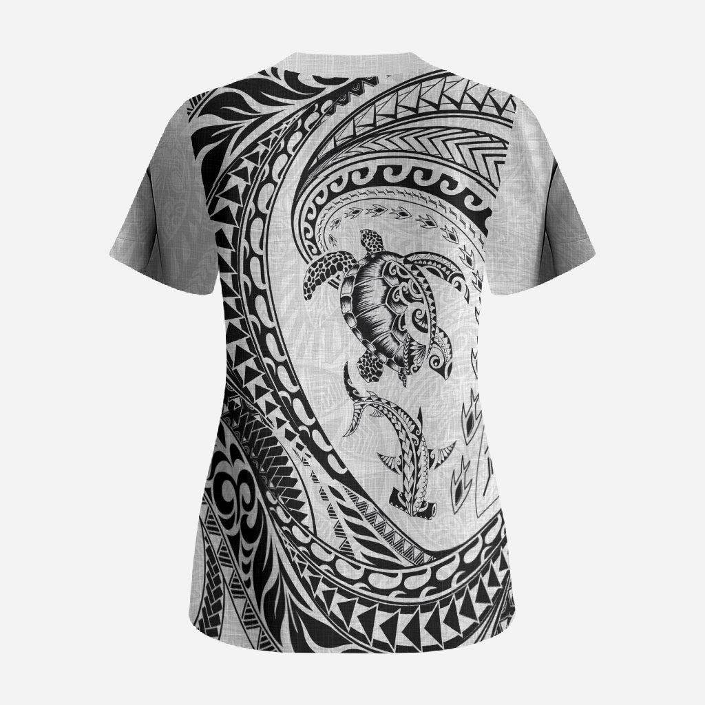 Hawaiian Turtle and Shark Scrub Top Kakau Tribal with Polynesian Pattern White Color