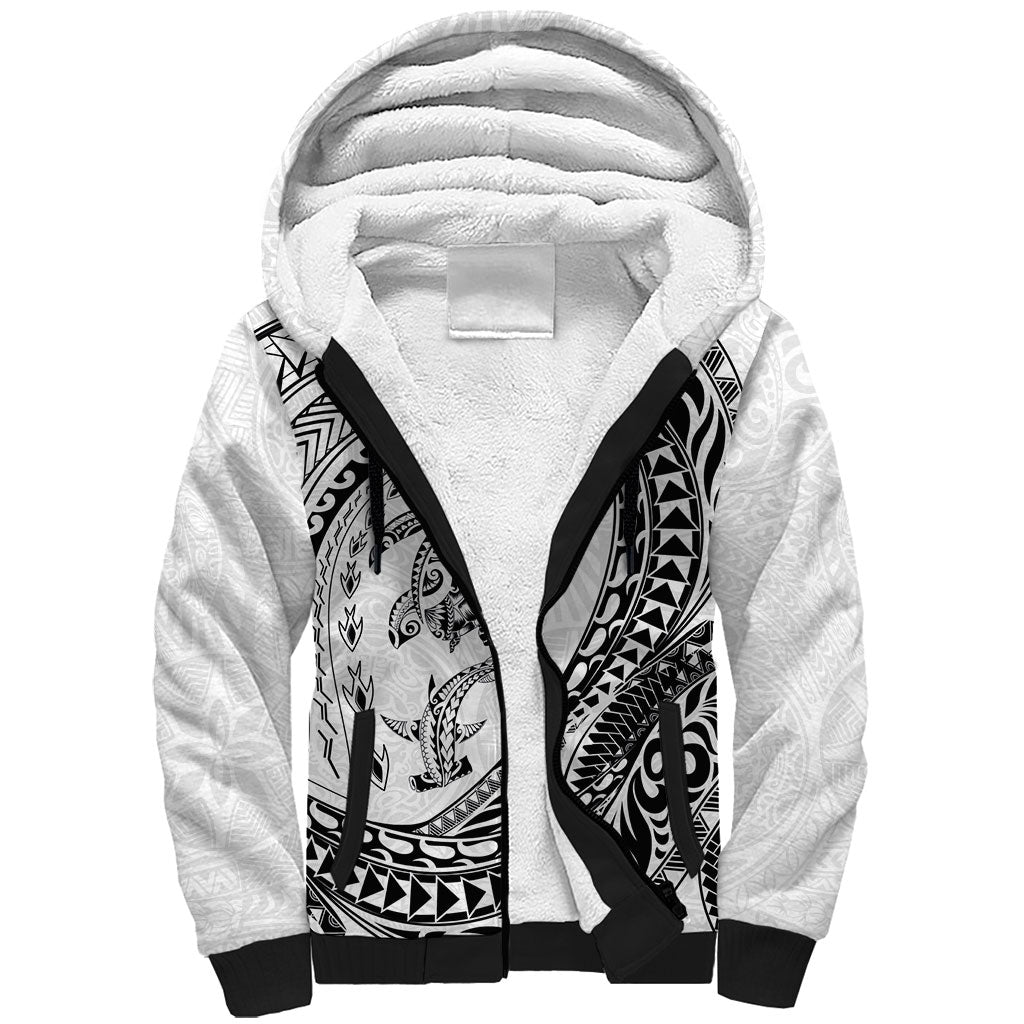 Hawaiian Turtle and Shark Sherpa Hoodie Kakau Tribal with Polynesian Pattern White Color