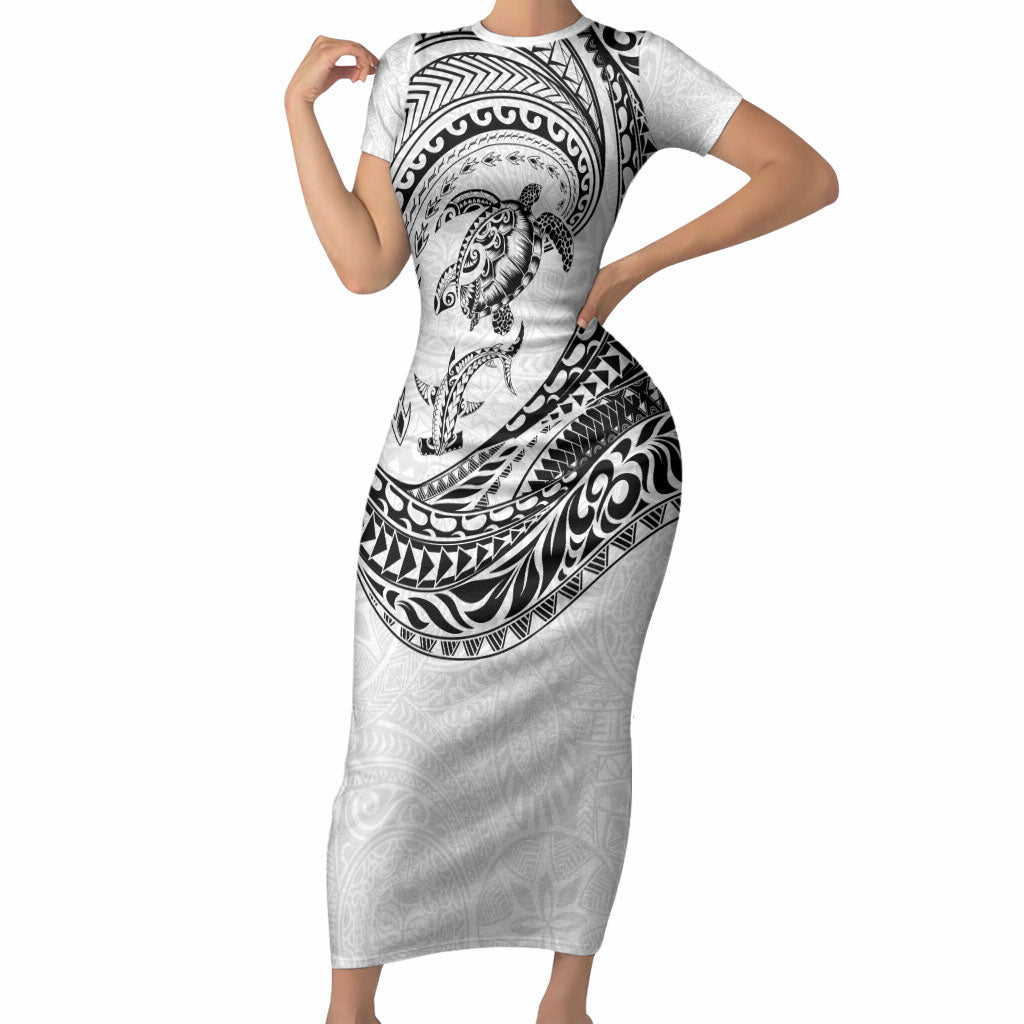 Hawaiian Turtle and Shark Short Sleeve Bodycon Dress Kakau Tribal with Polynesian Pattern White Color