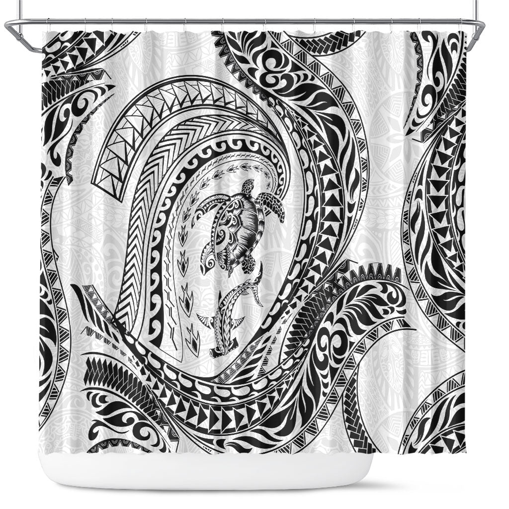 Hawaiian Turtle and Shark Shower Curtain Kakau Tribal with Polynesian Pattern White Color