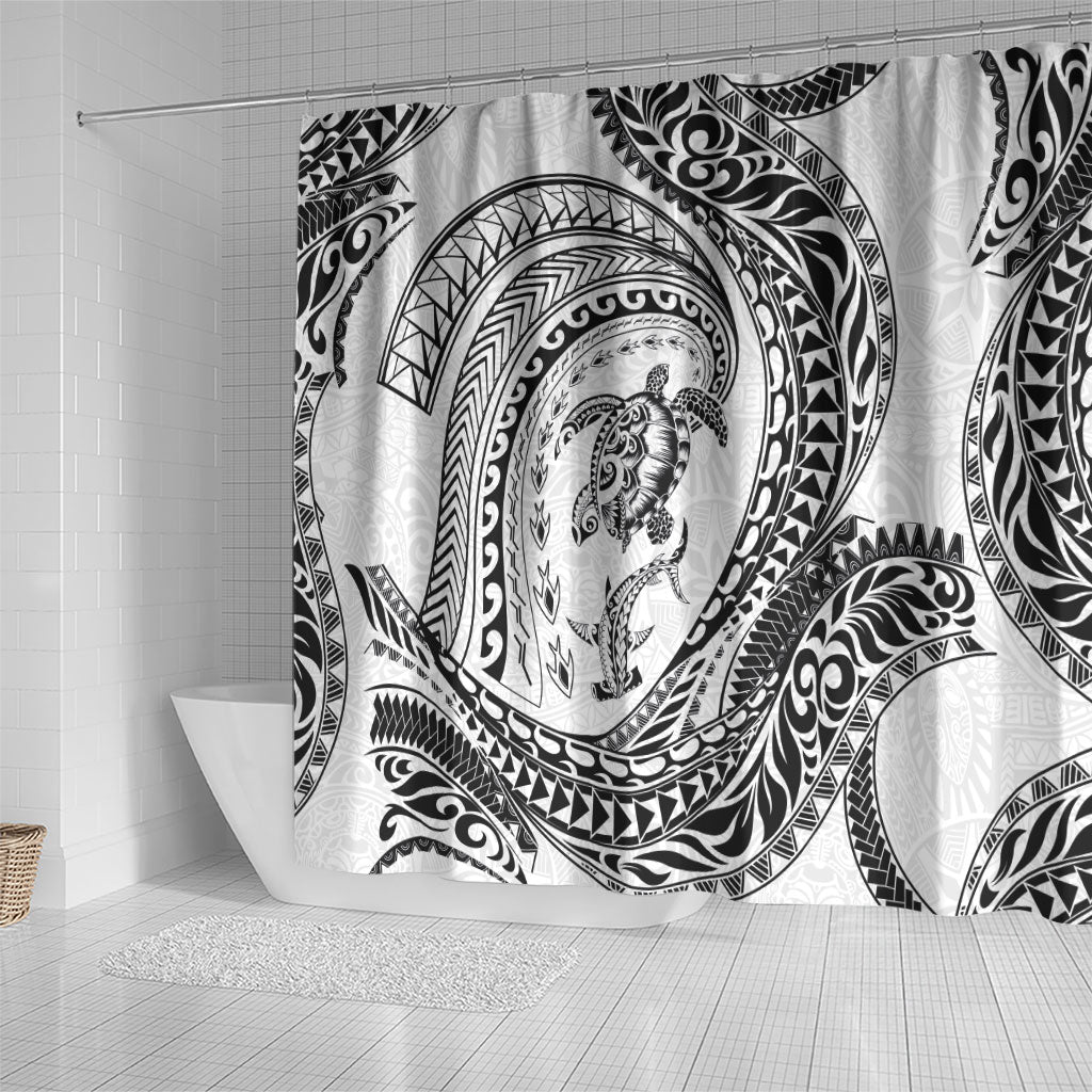 Hawaiian Turtle and Shark Shower Curtain Kakau Tribal with Polynesian Pattern White Color