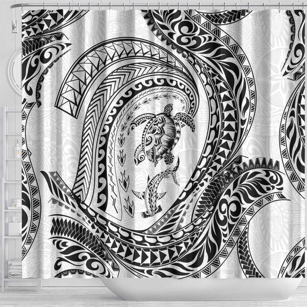 Hawaiian Turtle and Shark Shower Curtain Kakau Tribal with Polynesian Pattern White Color
