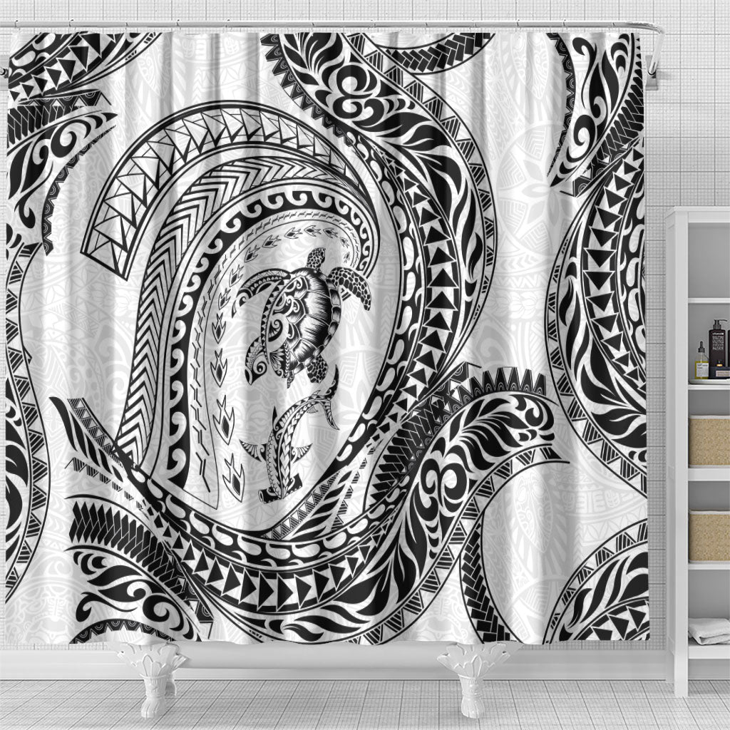 Hawaiian Turtle and Shark Shower Curtain Kakau Tribal with Polynesian Pattern White Color