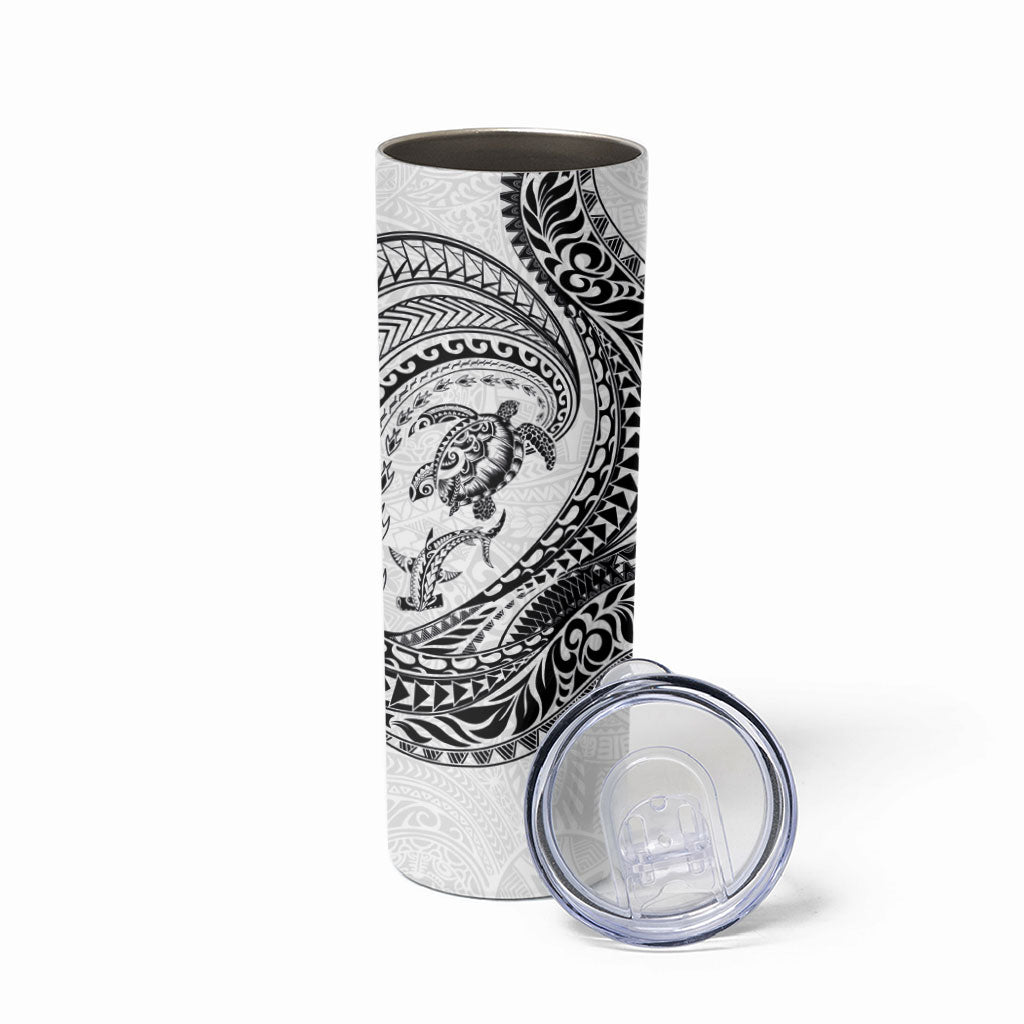 Hawaiian Turtle and Shark Skinny Tumbler Kakau Tribal with Polynesian Pattern White Color
