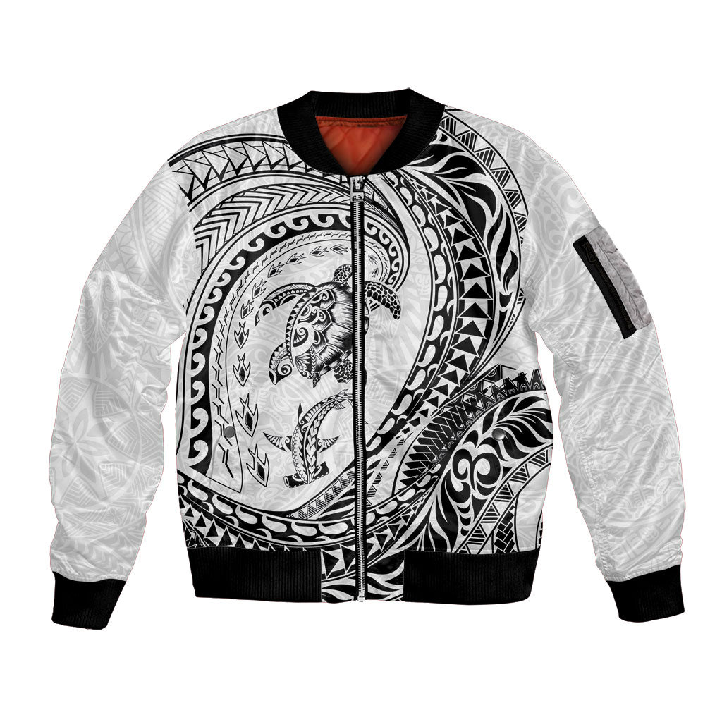 Hawaiian Turtle and Shark Sleeve Zip Bomber Jacket Kakau Tribal with Polynesian Pattern White Color