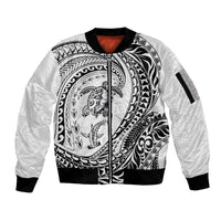 Hawaiian Turtle and Shark Sleeve Zip Bomber Jacket Kakau Tribal with Polynesian Pattern White Color