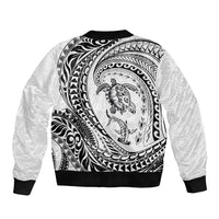 Hawaiian Turtle and Shark Sleeve Zip Bomber Jacket Kakau Tribal with Polynesian Pattern White Color
