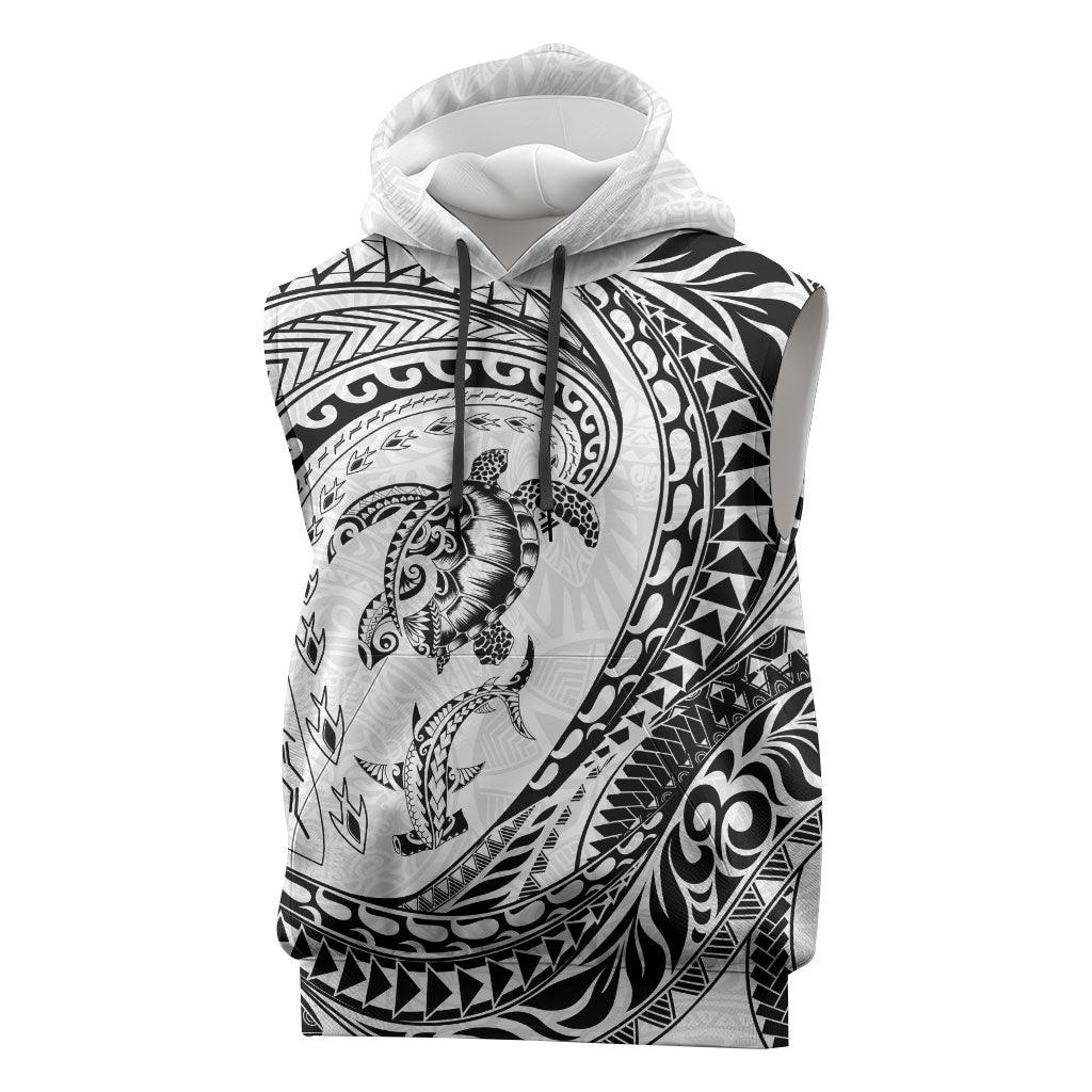 Hawaiian Turtle and Shark Sleeveless Hoodie Kakau Tribal with Polynesian Pattern White Color
