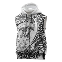 Hawaiian Turtle and Shark Sleeveless Zip Hoodie Kakau Tribal with Polynesian Pattern White Color