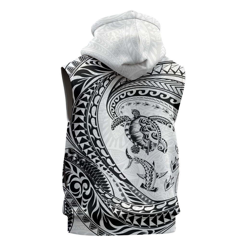Hawaiian Turtle and Shark Sleeveless Zip Hoodie Kakau Tribal with Polynesian Pattern White Color