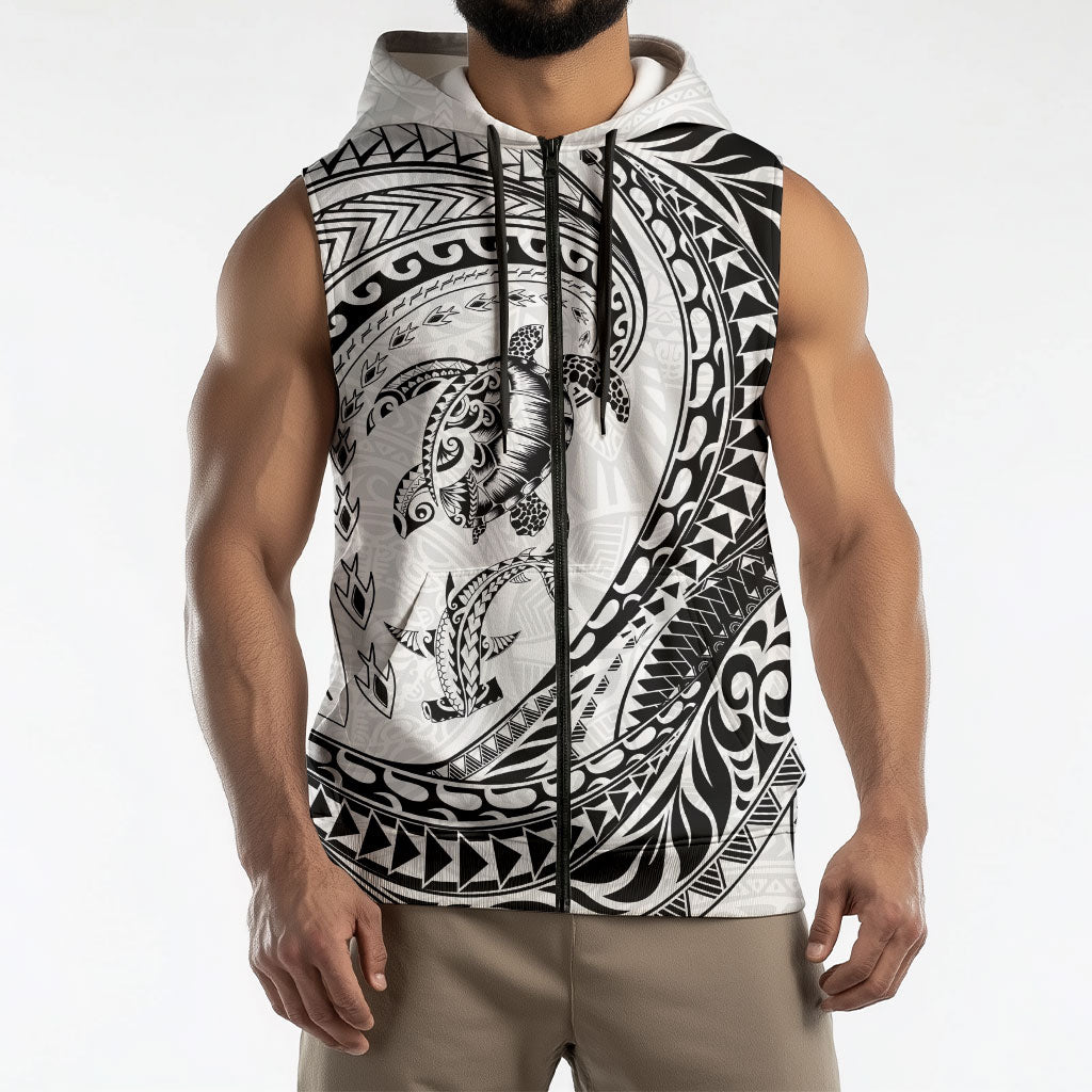 Hawaiian Turtle and Shark Sleeveless Zip Hoodie Kakau Tribal with Polynesian Pattern White Color