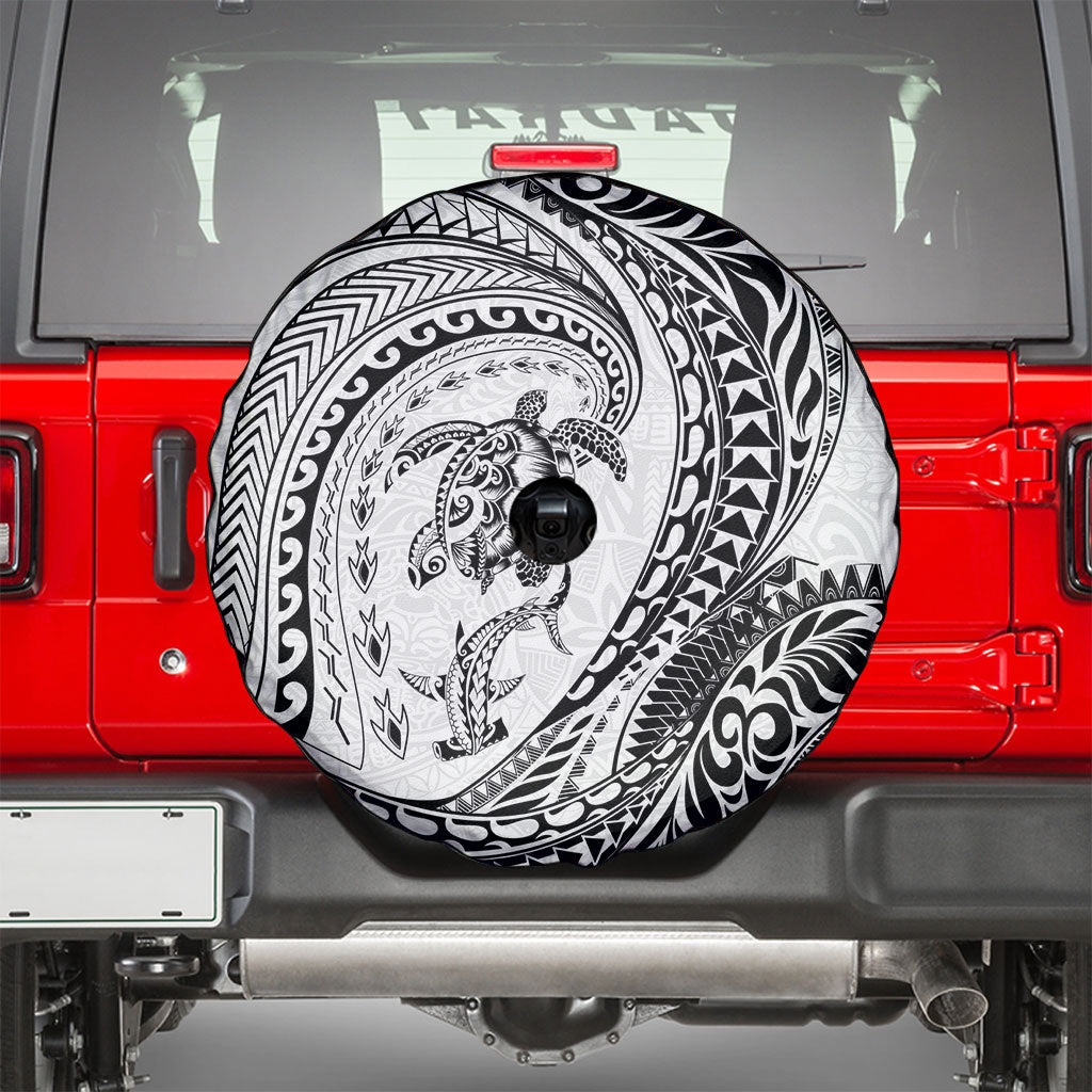 Hawaiian Turtle and Shark Spare Tire Cover Kakau Tribal with Polynesian Pattern White Color