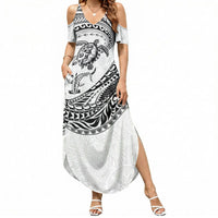 Hawaiian Turtle and Shark Summer Maxi Dress Kakau Tribal with Polynesian Pattern White Color